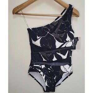 NWT Carmen Marc Valvo Size 10 One Shoulder Mesh Cutout Swimsuit Floral One-Piece